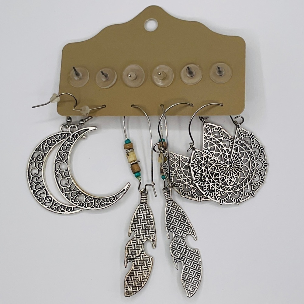 6 Pairs Boho Stud Earring Set Bohemian Feather Heart Dangle Jewelry Silver Tone - Picture 5 of 8